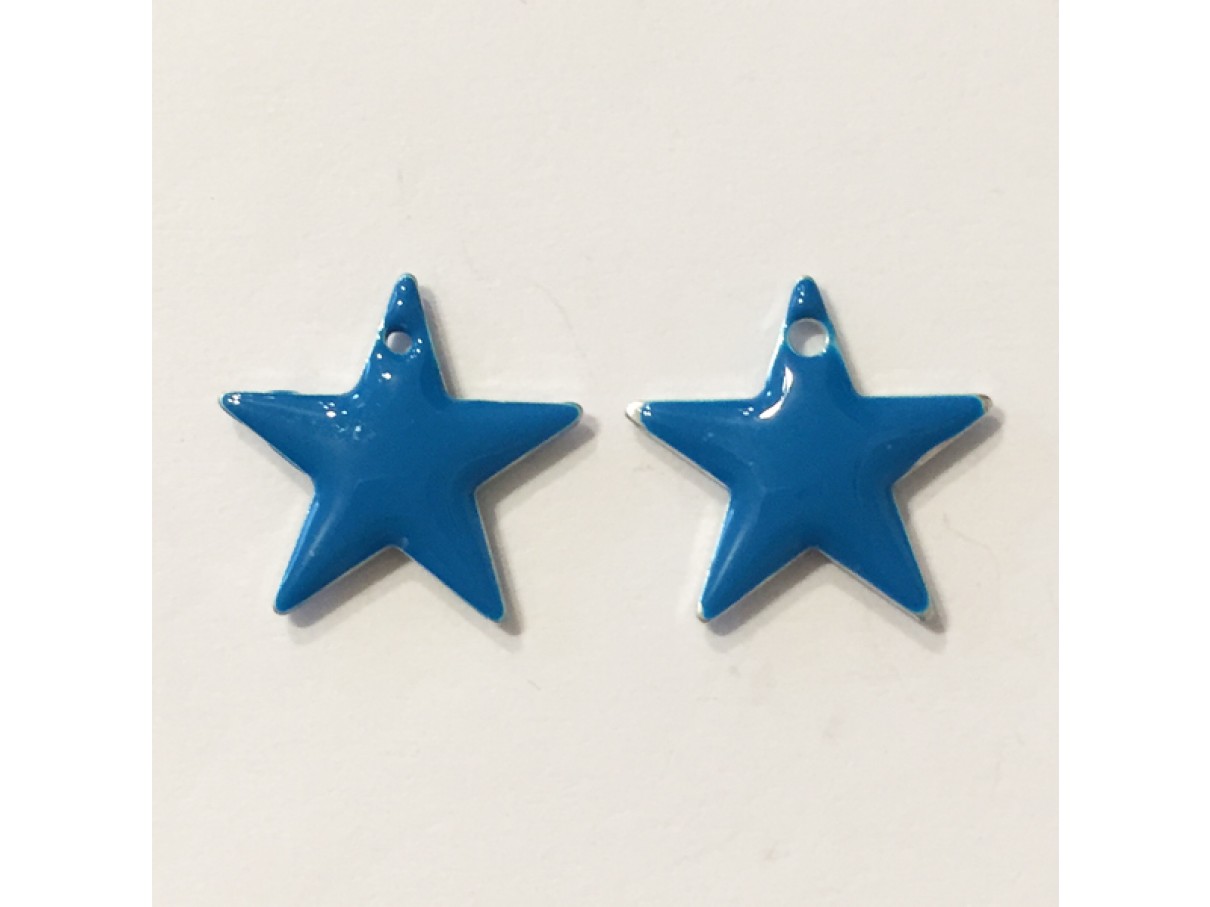 Emalje vedhæng, 12mm stjerne, 2 stk turkis-blå