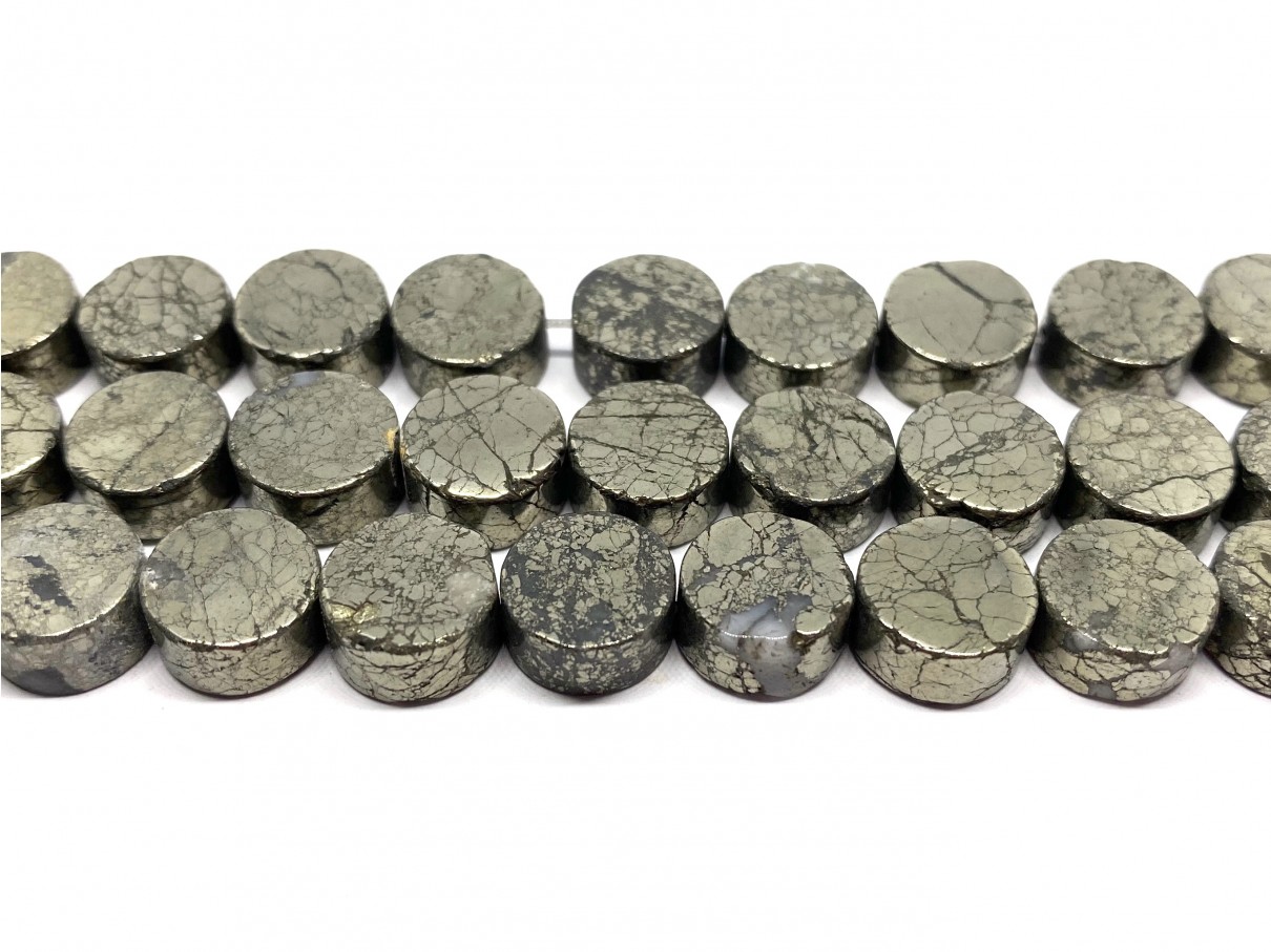 Pyrit, flade tykke mønter, 10mm, hel streng