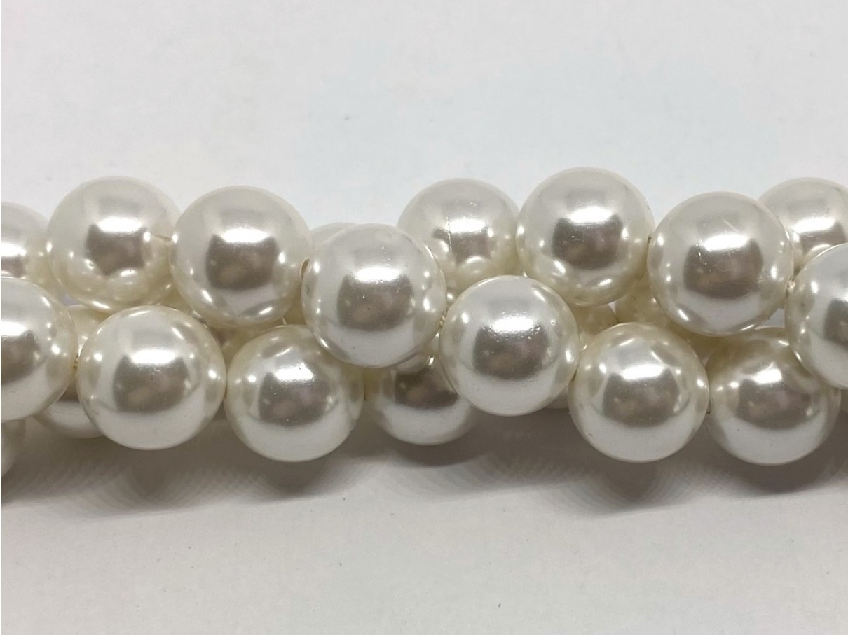 Perle hvide shell pearl, rund 12mm, hel streng