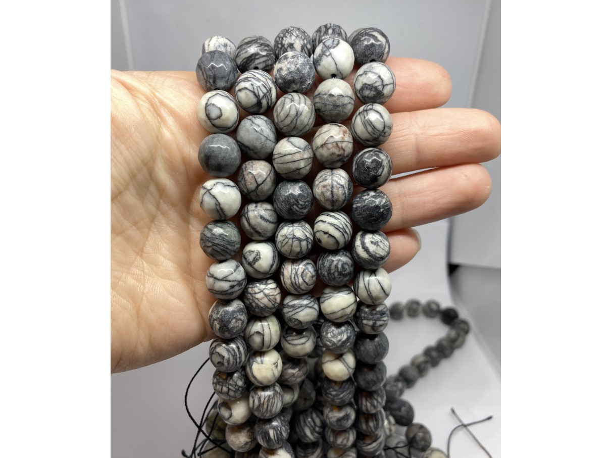12mm facetslebne black veined jaspis perler