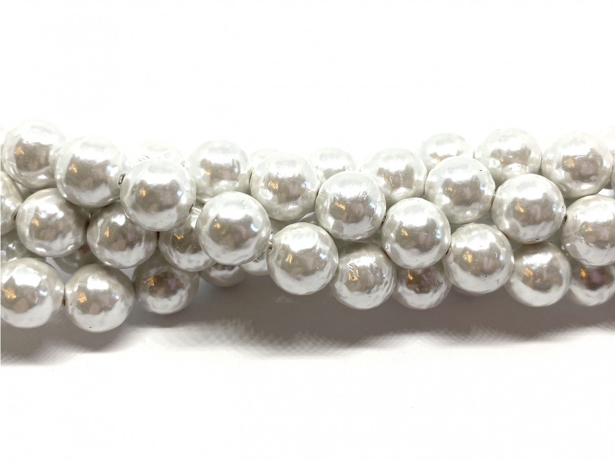 Perle hvide shell pearl, rynket rund 10mm, hel streng