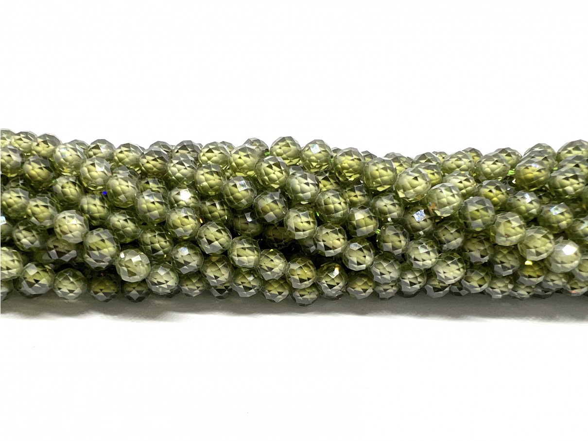 Kubisk Zirkonia, 4mm facetslebet rund, oliven grøn, hel streng