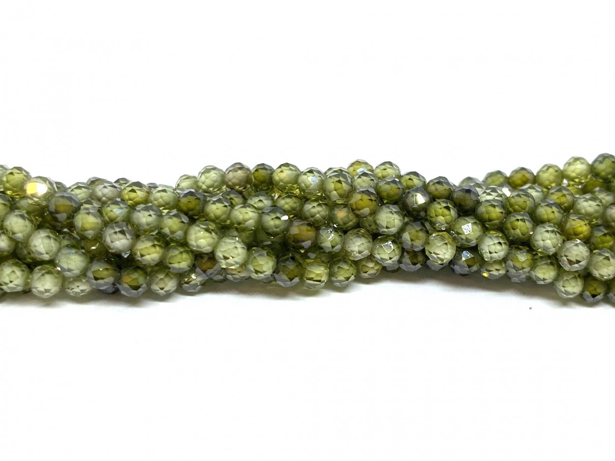 Kubisk Zirkonia, 3mm facetslebet rund, oliven grøn, hel streng