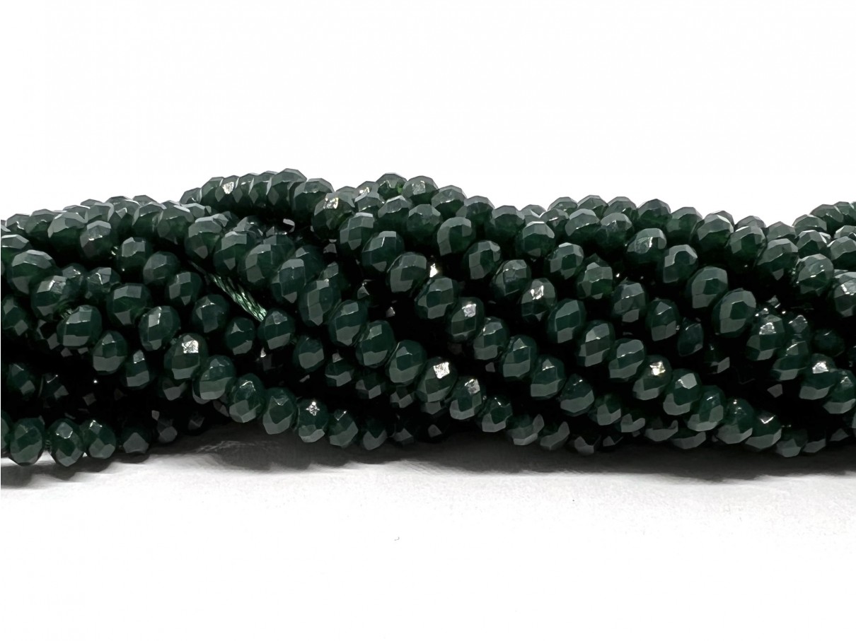 Mørk grøn farvet jade, facetslebne rondeller 3x4mm, hel streng