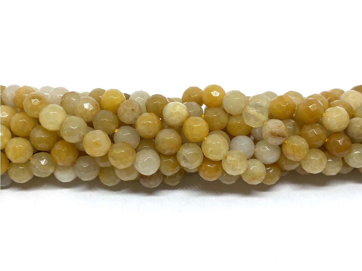 Multifarvet gul jade, facetslebet rund 6mm, hel streng
