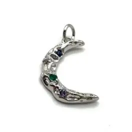 Måne vedhæng med farvede zirkoner, 19x12mm, platinbelagt, 1 stk - Zirkon & Rhinstens smykkedele