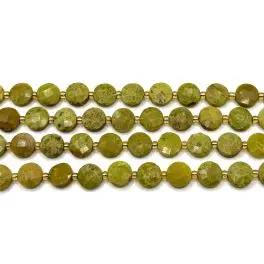 Grøn opal, facetslebne mønter ca 10mm, hel streng - Grøn opal