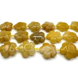 Gul jade, udkårede blomster perler ca 15mm, hel streng - Jade - naturlig