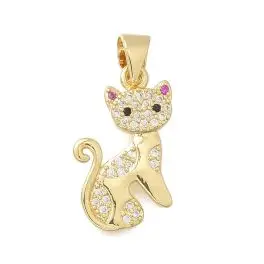 Katte vedhæng med zirkoner, 19x12mm, 18k guldbelagt, 1 stk - Smykkedele i bedste kvalitet - 18k guld eller platin belagt
